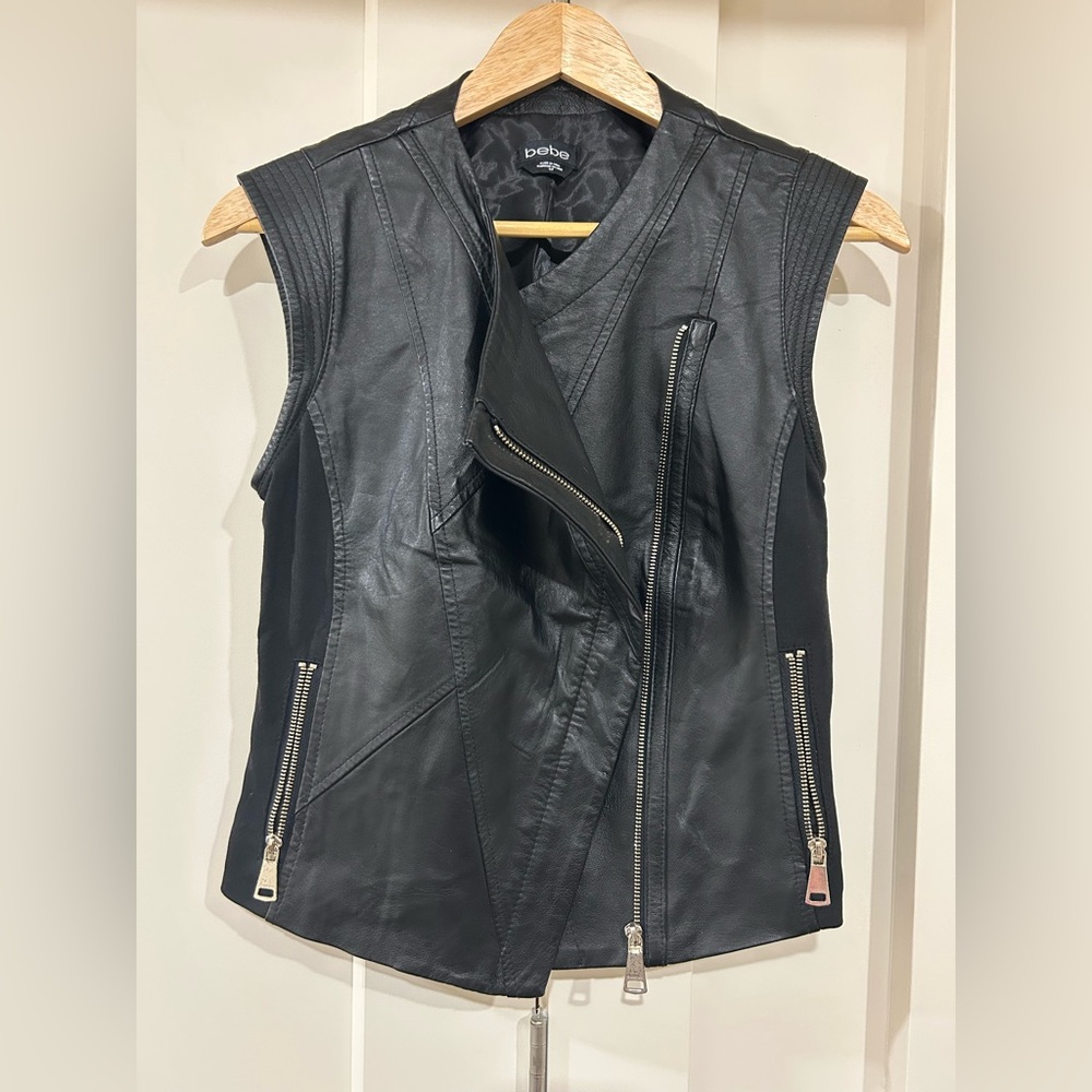 Bebe Black Asymmetrical Leather motorcycle vest